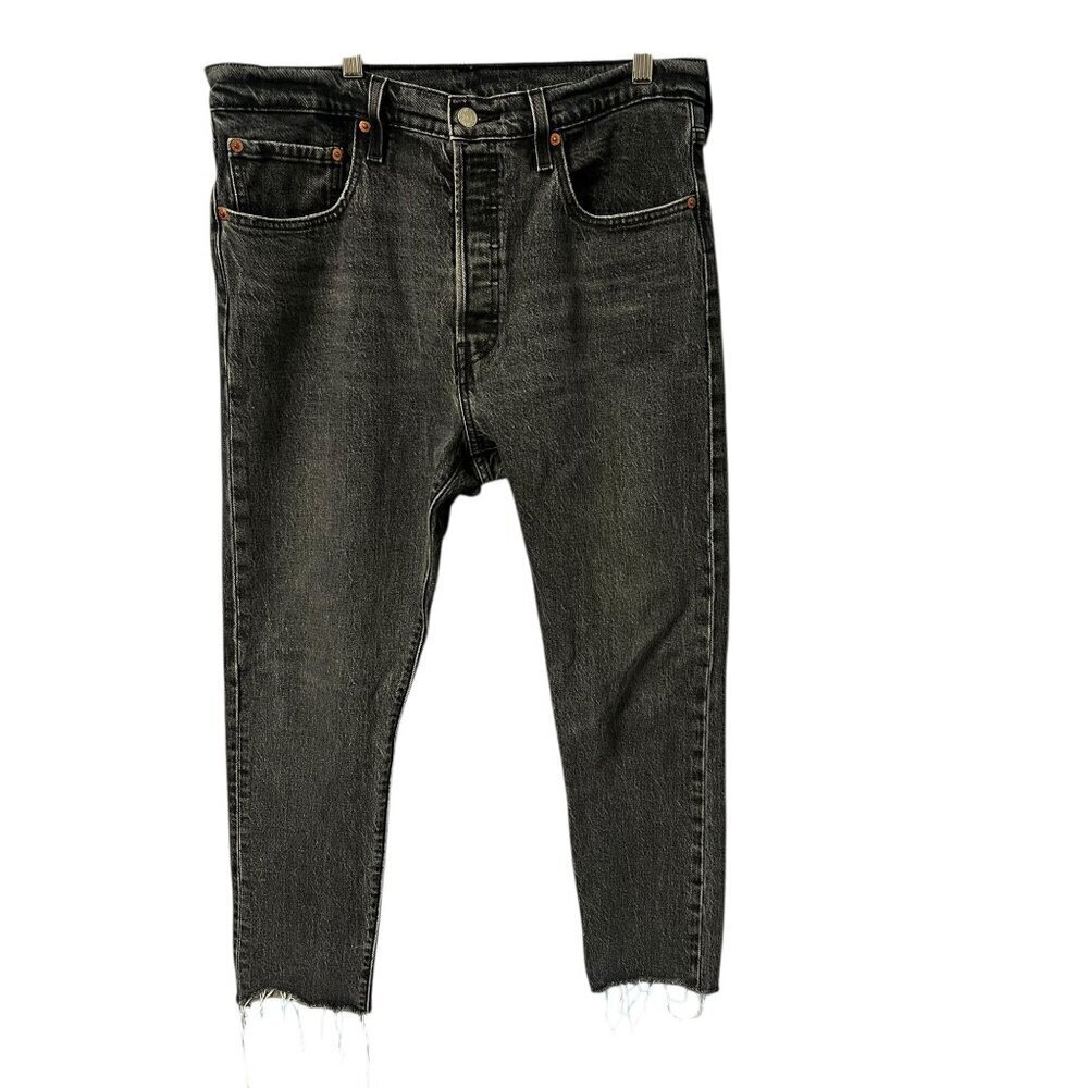 Levis 501 Original Fit Black Button-Fly Distressed Denim Jeans, ANKLE, BEACH BUM